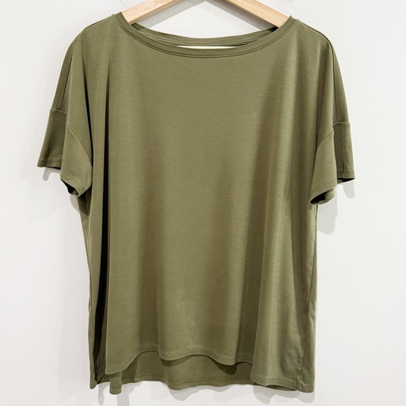 EILEEN FISHER Tencel Bateau Boat Neck Tee Olive Green Quiet Luxury Size Small - Picture 2 of 6